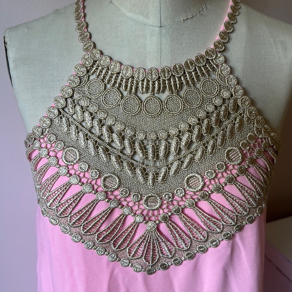 Lilly Pulitzer Dresses & Skirts - Lilly Pulitzer Pink Halter Dress with Gold Lace Bib